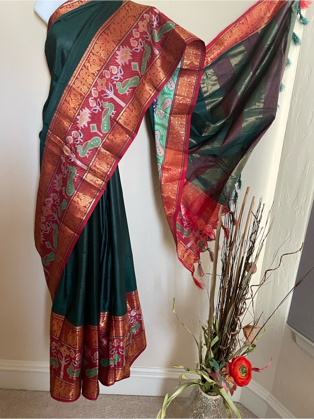 Traditional Green and Red Silk Saree with Gold-Trim Border